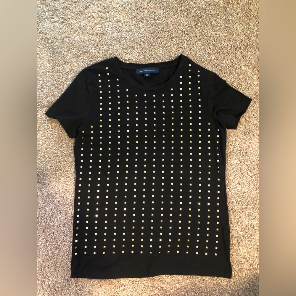 Tommy Hilfiger Women’s Black T-shirt with Gold Colored Studs